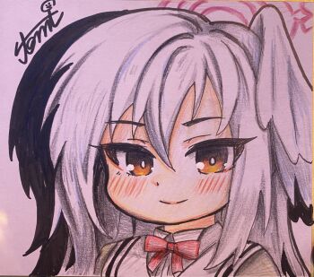 1girl absurdres blue_archive closed_mouth commentary_request grey_hair halo head_wings highres long_hair looking_at_viewer orange_eyes pink_halo shikishi single_head_wing smile solo suzumi_(blue_archive) tomimon traditional_media white_hair wings