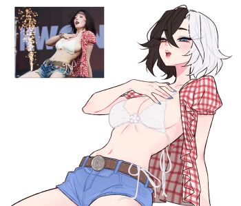 1girl belt black_hair blue_eyes blush breasts dijor98 heterochromia highres kwon_eun-bi large_breasts looking_at_viewer luna_snow marvel marvel_rivals meme multicolored_hair navel short_hair shorts smile solo split-color_hair two-tone_hair white_hair