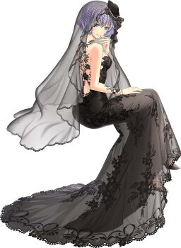 Rule 34 | 1girl, akatsuki no kiseki, backless dress, backless outfit, black dress, black footwear, black wedding dress, breasts, bridal veil, bride, closed mouth, dress, eiyuu densetsu, from side, full body, green eyes, grey hair, highres, invisible chair, long dress, looking at viewer, medium breasts, official art, sen no kiseki (series), sen no kiseki i, sharon kreuger, short hair, sideboob, simple background, sitting, sleeveless, sleeveless dress, smile, solo, tachi-e, third-party source, veil, wedding dress, white background