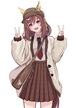 1girl absurdres animal_ears bag black_necktie blush braid breasts brown_hair brown_skirt buena_vista_(umamusume) coat collared_shirt commentary_request double_v ear_covers ears_through_headwear hair_between_eyes hat highres horse_ears horse_girl horse_tail looking_at_viewer medium_hair moyashi_toufu necktie open_clothes open_coat open_mouth purple_eyes shirt shoulder_bag simple_background skirt smile solo tail umamusume v white_background white_coat white_shirt