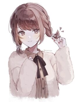 Rule 34 | 1girl, :3, ameshi0227, black ribbon, blush, braid, brown eyes, brown hair, brown shirt, buttons, closed mouth, collared shirt, commentary request, cropped torso, highres, holding, holding own hair, jacket, long sleeves, looking at viewer, medium hair, nail polish, neck ribbon, open clothes, open jacket, project sekai, puffy long sleeves, puffy sleeves, red nails, ribbon, shinonome ena, shirt, simple background, solo, sparkle, twin braids, twitter username, watermark, white background, white jacket