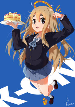 1girl absurdres arms_up avarangers black_eyes black_jacket blonde_hair blue_background blue_ribbon blue_skirt brown_shoes cake commentary_request copyright_name food full_body halo highres holding holding_plate jacket k-on! kotobuki_tsumugi layered_sleeves long_hair looking_at_viewer miniskirt open_mouth plate pleated_skirt ribbon sakuragaoka_high_school_uniform school_uniform shoes signature simple_background skirt smile socks solo thighs white_socks winter_uniform yellow_halo