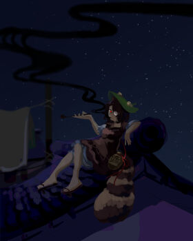 Rule 34 | 1girl, animal ears, black sandals, brown dress, brown hair, dress, furahata gen, futatsuiwa mamizou, gourd, green hat, hat, highres, holding, holding smoking pipe, leaf, looking at viewer, night, on roof, one eye covered, platform sandals, raccoon ears, raccoon girl, raccoon tail, red eyes, rimless eyewear, rooftop, round eyewear, sandals, short sleeves, sitting, smoke, smoking pipe, solo, star (sky), tail, touhou