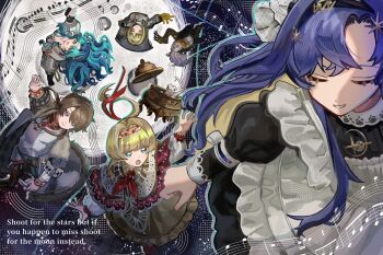 1boy 5girls :o absurdres apron beamed_eighth_notes beamed_sixteenth_notes black_background black_dress black_hairband black_jacket blonde_hair blue_eyes blue_hair brown_dress brown_hair cloak closed_eyes coat collared_dress colored_inner_hair ding_(vessel) dress english_text floating_hair frilled_apron frills from_above gloves green_eyes grey_coat grey_dress grey_jacket grin hair_ornament hairband half_note han_zhang_(reverse:1999) highres hissabeth jacket juliet_sleeves kiperina long_hair long_sleeves looking_at_another low_ponytail multicolored_hair multiple_girls musical_note musical_staff name_day_(reverse:1999) neckerchief newt outstretched_arm planet pointer_(reverse:1999) ponytail puffy_sleeves purple_eyes red_cloak red_neckerchief reverse:1999 salamander scarf school_uniform shirt short_hair sitamiyamiyako smile soviet_school_uniform star_(symbol) star_hair_ornament voyager_(reverse:1999) white_apron white_hair white_shirt windsong_(reverse:1999) yellow_eyes yellow_gloves yellow_scarf