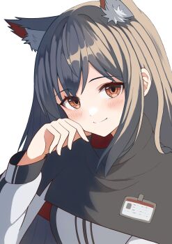 1girl animal_ear_fluff animal_ears arknights black_capelet black_hair blush brown_eyes capelet closed_mouth commentary fingernails hand_on_own_cheek hand_on_own_face highres kuwan4971 looking_at_viewer medium_hair simple_background smile solo texas_(arknights) upper_body white_background wolf_ears wolf_girl