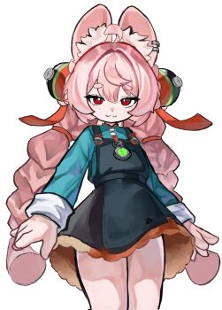 1girl :3 accessories animal_ear_fluff blush bright_pupils ear_piercing furry furry_female green_shirt hair_between_eyes highres long_hair looking_at_viewer medallion o-ring_necktie otoufudayo111 piercing pink_fur rabbit_girl red_eyes screw shirt short_eyebrows simple_background solo thick_eyebrows twintails white_background white_pupils zenless_zone_zero zhao_(zenless_zone_zero)