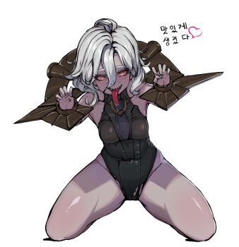1girl bare_hips bare_legs bare_shoulders blush breasts briar_(league_of_legends) colored_sclera colored_skin drooling eyelashes feet_out_of_frame female_focus grey_eyes grey_hair grey_skin hair_between_eyes highleg highleg_leotard kneeling korean_text league_of_legends leotard long_tongue looking_at_viewer medium_hair open_mouth petite red_sclera saliva sharp_teeth simple_background small_breasts smile solo stocks teeth thick_thighs thighs tongue tongue_out translation_request wheheka123 white_background