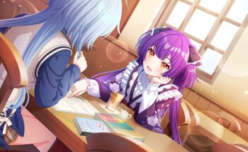 Rule 34 | 2girls, :d, animal ears, cellphone, commentary request, dutch angle, frills, game cg, highres, indoors, long hair, long sleeves, multiple girls, nekoashi tsubomi, official art, open mouth, phone, purple hair, senju iroha, short hair, sitting, smartphone, smile, third-party source, world dai star, yellow eyes