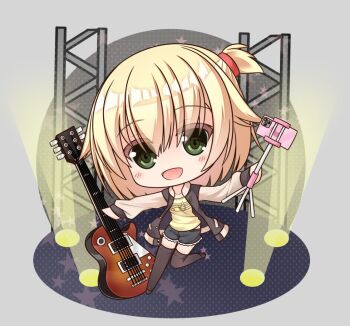 1girl :d black_shorts black_thighhighs blonde_hair blush brown_jacket chibi chibi_only commentary cutoffs dual_wielding eyes_visible_through_hair flipped_hair full_body green_eyes grey_background guitar hair_between_eyes happy holding holding_guitar holding_instrument instrument jacket kariya_wakana long_sleeves looking_at_viewer medium_hair misu_t_(ccc) one_side_up open_mouth outstretched_arms sanoba_witch selfie selfie_stick shirt shorts simple_background smile solo stage stage_lights standing standing_on_one_leg star_(symbol) symbol-only_commentary thighhighs yellow_shirt zettai_ryouiki