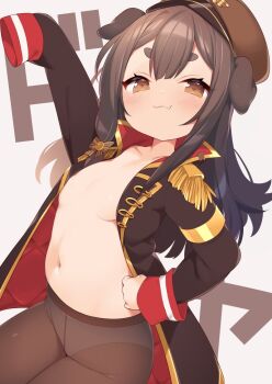 1girl :3 animal_ears arm_up text_background black_coat black_hair black_pantyhose blush bow breasts brown_eyes coat commission dog_ears dog_girl doyagao epaulettes fang grey_background hair_bow hand_on_own_hip inukai_purin loli long_hair msp_sammy open_clothes open_coat panties panties_under_pantyhose pantyhose simple_background skeb_commission small_breasts smug solo stomach tsunderia underwear virtual_youtuber
