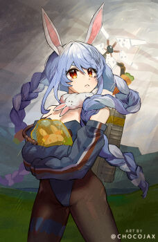 1girl alternate_costume animal_ears backpack bag bare_shoulders blue_hair blue_leotard blue_sky box braid breasts carrot carrot_hair_ornament chocojax cleavage clothing_request death_stranding death_stranding_2:_on_the_beach detached_sleeves don-chan_(usada_pekora) food-themed_hair_ornament fur_scarf grasslands hair_ornament highres hill hololive leotard looking_up orange_eyes pekomon_(usada_pekora) playboy_bunny rabbit_ears short_eyebrows sky strapless strapless_leotard thigh_strap twin_braids usada_pekora virtual_youtuber