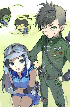 Rule 34 | 1boy, 1girl, :d, absurdres, ananta (megami tensei), asahi (megami tensei), asymmetrical hair, badge, belt, belt pouch, black belt, black gloves, black hair, button badge, cheek tattoo, chibi, chibi inset, closed mouth, commentary, crossed arms, dress, earrings, elbow cuffs, finger tattoo, flynn (megami tensei), gapamopa, gloves, goggles, goggles on headwear, green background, green belt, green eyes, green hair, green jumpsuit, green outline, grey eyes, halo, hashtag-only commentary, helmet, high collar, highres, jewelry, jumpsuit, long hair, looking at viewer, lower teeth only, multiple belts, nanashi (megami tensei), open mouth, outline, partially fingerless gloves, peace symbol, pouch, shin megami tensei, shin megami tensei iv final, short dress, short hair, shoulder belt, sidecut, single glove, sleeve rolled up, sleeveless, sleeveless dress, smile, squatting, stud earrings, sweatdrop, sword, sword on back, tattoo, teeth, traditional halo, twitter username, undercut, very short hair, weapon, weapon on back, white belt, white gloves, white helmet, zipper