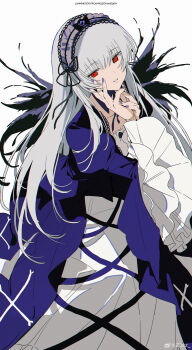 Rule 34 | 1girl, absurdres, black wings, blue dress, blue hairband, collar, commentary, doll joints, dress, english text, frilled collar, frilled sleeves, frills, grey hair, hairband, hand on own cheek, hand on own face, highres, joints, lace trim, lolita fashion, long hair, looking at viewer, puffy sleeves, red eyes, rozen maiden, simple background, solo, suigintou, watermark, weibo watermark, white background, wings, z3zz4