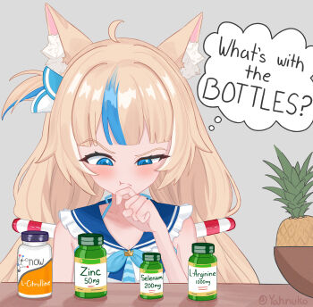1girl :/ :t absurdres animal_ears artist_name blonde_hair blue_eyes blue_hair cat_ears commentary dress english_commentary english_text fish_girl food frilled_sailor_collar frills fruit hand_up highres indie_virtual_youtuber lifebuoy_hair_ornament long_hair looking_down low_twintails multicolored_hair one_side_up pineapple plastic_bottle raised_eyebrow sailor_collar sameko_saba speech_bubble streaked_hair thought_bubble twintails twitter_username upper_body very_long_hair virtual_youtuber white_dress yahnuko