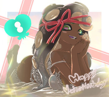 Rule 34 | 1girl, ass, breasts, commentary request, dark-skinned female, dark skin, hideyoshi (swliyhbpe9xqqze), highres, looking at viewer, lying, marina (splatoon), nintendo, on stomach, smile, solo, splatoon (series), splatoon 2, teeth