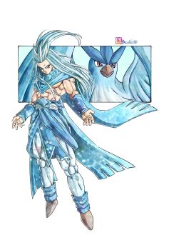 1boy absurdres arm_warmers articuno beak beatlo_(rodrigo38658978) bird blue_cape blue_hair brown_eyes cape creature_and_personification dragon_ball floating gen_1_pokemon highres instagram_username leg_warmers legendary_pokemon long_hair muscular muscular_male nintendo pants personification pokemon pokemon_(creature) sash toriyama_akira_(style) v-shaped_eyebrows white_pants white_sash wings