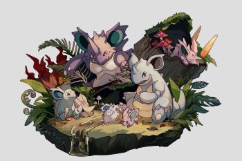bright_pupils brown_eyes claws commentary_request evolutionary_line gen_1_pokemon highres lanjiujiu leaf moss nidoking nidoqueen nidoran nidoran_(female) nidoran_(male) nidorina nidorino nintendo no_humans open_mouth pokemon pokemon_(creature) sitting stream water white_pupils