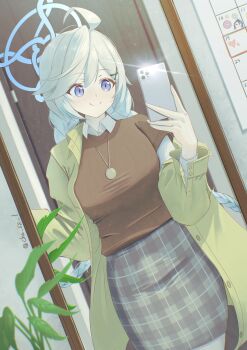 Rule 34 | 1girl, absurdres, ahoge, alternate costume, aqua hair, blue archive, blue halo, braid, brown sweater, cellphone, cho ss 1, closed mouth, coat, collared shirt, commentary request, green coat, halo, highres, holding, holding phone, kirino (blue archive), long hair, miniskirt, mirror selfie, open clothes, open coat, pencil skirt, phone, plaid clothes, plaid skirt, purple eyes, selfie, shirt, skirt, smartphone, smile, solo, sweater, twin braids, very long hair, white shirt