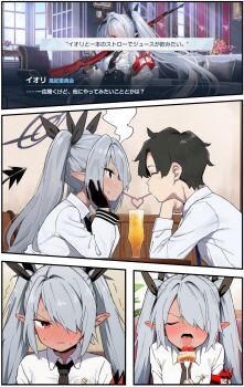 1boy 1girl absurdres armband black_hair blue_archive blush bolt_action cake cake_slice closed_eyes crazy_straw dark-skinned_female dark_skin demon_tail drink drinking_straw feeding food fork fruit grey_hair gun hair_over_one_eye hair_ribbon hand_on_own_cheek hand_on_own_face heart_straw highres iori_(blue_archive) mauser_98 necktie open_mouth pointy_ears ponconyan red_eyes ribbon rifle sensei_(blue_archive) sensei_(blue_archive_the_animation) shared_drink shared_straw strawberry tail translation_request twintails weapon