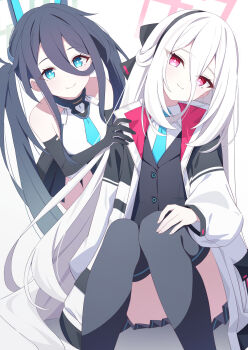 Rule 34 | 2girls, aqua halo, aqua necktie, aris (armed) (blue archive), aris (blue archive), bare shoulders, black gloves, black hair, black hairband, black thighhighs, blue archive, blue eyes, blue necktie, blush, commentary request, convenient leg, divergenceok, elbow gloves, gloves, hair between eyes, hairband, halo, hand on another's shoulder, head tilt, highres, jacket, kei (blue archive), kei (new body) (blue archive), leotard, long hair, long hair between eyes, looking at viewer, multicolored jacket, multiple girls, necktie, official alternate costume, official alternate hairstyle, pink eyes, pink halo, rectangular halo, ringed eyes, shirt, showgirl skirt, sidelocks, thighhighs, twintails, two-tone jacket, white hair, white jacket, white leotard, white shirt