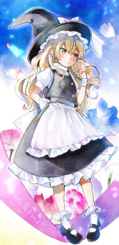 1girl absurdres apron arm_behind_back black_hat black_shoes black_skirt blonde_hair blue_flower blush bow braid buttons commentary flower frilled_apron frilled_skirt frilled_socks frills full_body hair_bow hat hat_bow highres kirisame_marisa long_hair looking_to_the_side mary_janes minatsuki_yurara pink_flower puffy_short_sleeves puffy_sleeves purple_flower shoes short_sleeves side_braid single_braid skirt socks solo touhou touhou_21st_popularity_poll waist_apron white_apron white_bow white_socks witch_hat