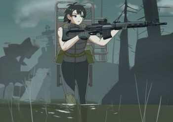 1girl absurdres backpack bag black_hair dystopia gloves gun highres holding holding_gun holding_weapon kalashnikov_rifle magazine_(weapon) medium_hair military original rifle science_fiction short_hair sniper_rifle suppressor the_forever_winter trigger_discipline user_ahhc5733 weapon