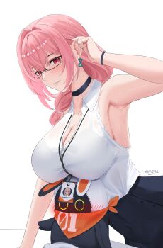1girl armpits artist_name bangboo_(zenless_zone_zero) black_choker blush breast_rest breasts choker cleavage commentary earrings english_commentary eous_(zenless_zone_zero) glasses highres id_card jewelry large_breasts massoukei medium_hair pink_eyes pink_hair shirt simple_background sweat tsukishiro_yanagi white_background white_shirt zenless_zone_zero
