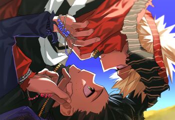 2boys absurdres alternate_costume bakugou_katsuki blonde_hair blue_sky blurry boku_no_hero_academia bracelet closed_mouth clothing_request commentary_request eye_contact face-to-face freckles from_side green_eyes hand_up highres jewelry long_sleeves looking_at_another lying male_focus matching_outfits midoriya_izuku mori_dosukoi multiple_boys official_alternate_costume on_back on_person outdoors parted_lips partial_commentary profile red_eyes red_scarf sand scarf short_hair sky spiked_hair upper_body yaoi