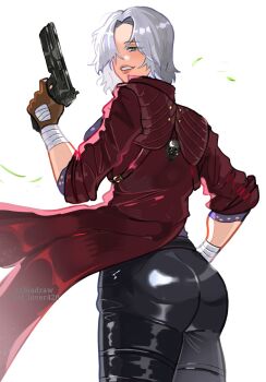 1girl ass blue_eyes blush breasts coat dante_(devil_may_cry) devil_may_cry_(series) devil_may_cry_5 fingerless_gloves genderswap genderswap_(mtf) gloves grey_hair highres holding holding_weapon leather leather_pants pants red_coat seal_lover420 short_hair simple_background smile weapon white_hair wrist_wrap