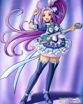 10s 1girl bad_id bad_pixiv_id blue_boots blue_skirt boots choker cure_beat earrings electric_guitar female_focus frilled_skirt frills guitar hair_ribbon heart highres instrument jewelry kurokawa_eren long_hair looking_at_viewer magical_girl onoe open_mouth precure purple_hair ribbon seiren_(suite_precure) side_ponytail skirt solo suite_precure thigh_boots thighhighs v watermark web_address yellow_eyes