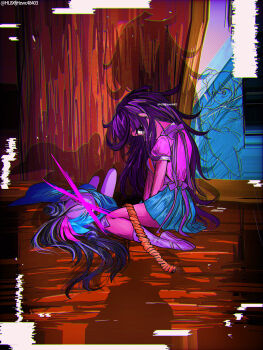 Rule 34 | 3girls, absurdres, apron, black hair, blue hair, blue skirt, commentary request, corpse, curtains, danganronpa (series), danganronpa 2: goodbye despair, death, glitch, haiyang shengwu, highres, japanese clothes, kimono, long hair, mioda ibuki, multicolored hair, multiple girls, pink hair, pink shirt, purple eyes, purple hair, reflection, rope, saionji hiyoko, shadow, shirt, shoes, short sleeves, sitting, skirt, socks, spoilers, tsumiki mikan, white apron, white hair, white shoes, white socks, wooden floor, x (symbol)