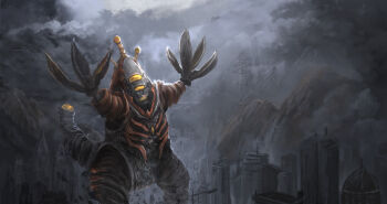 Rule 34 | alien, building, cliff, cloud, cloudy sky, cyborg, debris, dirt, epic, fighting game, fog, giant, giant monster, gigabash, highres, jingming (tiny), kaijin, kaiju, monster, mountain, no humans, overcast, passion republic games, pincers, pipijuras, seijin, sky, space monster, supervillain, tail, transmission tower, video game