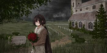 1girl bouquet brown_hair church cross expressionless flower graveyard hair_between_eyes highres holding holding_bouquet inai_the_maid long_hair looking_at_viewer low_ponytail original outdoors overcast ponytail red_eyes red_ribbon ribbon sailor_collar scenery skirt sky solo sweater very_long_hair