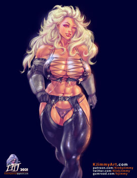 1girl abs areola_slip artist_name blonde_hair bracelet breasts cleavage dorohedoro earrings elbow_gloves gloves gumroad_username jewelry kinkyjimmy large_breasts lipstick looking_at_viewer makeup muscular muscular_female nipple_slip nipples noi_(dorohedoro) patreon_username fat_mons red_eyes solo thick_thighs thighhighs thighs torn_clothes twitter_username
