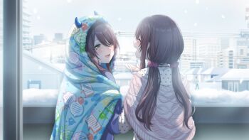 2girls blanket building cityscape closed_eyes game_cg horns idolmaster idolmaster_shiny_colors idolmaster_shiny_colors_song_for_prism low_twintails multiple_girls official_art open_mouth osaki_amana osaki_tenka polka_dot power_lines profile red_hair snow snowing twintails yellow_eyes