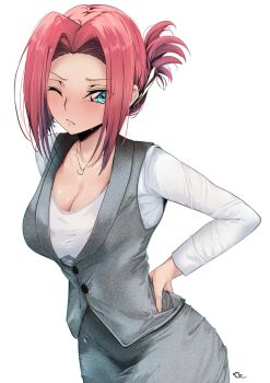 1girl absurdres artist_name blue_eyes breasts budgiepon buttons chain chain_necklace code_geass collarbone hair_bun hand_on_own_hip highres jewelry kouzuki_kallen large_breasts light_blush long_sleeves necklace one_eye_closed parted_bangs red_hair simple_background skirt white_background