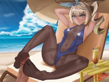 Rule 34 | 1girl, beach, blonde hair, blue eyes, chair, clenched teeth, cocktail glass, cup, drinking glass, feet, footjob, fos1x, girls' frontline, girls' frontline 2: exilium, hairband, highres, light blush, long hair, lounge chair, pantyhose, parasol, sharkry (girls' frontline 2), side ponytail, teeth, toes, torn clothes, torn pantyhose, umbrella