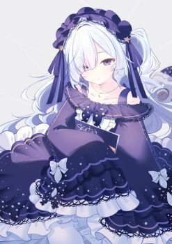 1girl benio_(dontsugel) commentary_request dress frilled_dress frilled_hairband frilled_sleeves frills gothic_lolita hairband highres hime_cut lolita_fashion long_hair magical_girl mahou_shoujo_no_majo_saiban natsume_an-an purple_eyes sketchbook white_hair wide_sleeves