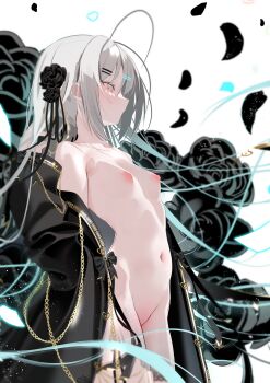 1girl absurdres ahoge black_bow black_flower black_jacket black_rose bow breasts buttons chain collarbone cowboy_shot dated_commentary expressionless floating_hair flower from_side gold_chain grey_eyes grey_hair hair_flower hair_ornament hairclip hand_up heart_button highres huge_ahoge jacket long_bangs long_hair long_sleeves naked_jacket navel nipples nude open_clothes open_jacket original parallel_hairclips rose sajin_(user_pvrm4582) sidelocks simple_background small_breasts smile solo standing stomach very_long_hair white_background