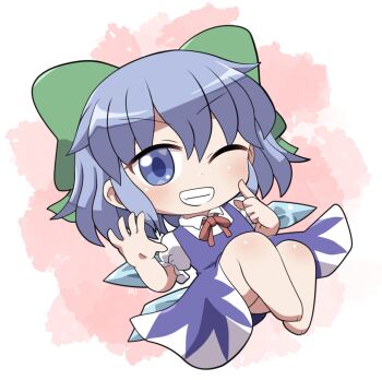 1girl bare_legs barefoot blue_dress blue_eyes blue_hair blush bow chibi chibi_only cirno collared_shirt commentary_request dress full_body green_bow grin hair_bow hands_up ice ice_wings looking_at_viewer neck_ribbon one_eye_closed pinafore_dress red_ribbon ribbon rokugou_daisuke shirt short_hair short_sleeves signature sleeveless sleeveless_dress smile solo touhou white_shirt wings
