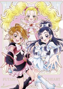 3girls artist_request bag_bow belt belt_bag belt_buckle black_arm_warmers black_dress black_gloves black_leg_warmers black_shorts blonde_hair blue_bag border bow bowtie brooch brown_eyes brown_hair buckle card_(medium) colorful_background commentary_request copyright_name cure_black cure_white dress earrings eyelashes feather-trimmed_sleeves fingerless_gloves floating_clothes floating_hair foot_out_of_frame forehead frilled_arm_warmers frilled_dress frilled_leg_warmers frilled_sleeves frills futari_wa_precure futari_wa_precure_max_heart gloves gold_buckle gold_earrings hair_between_eyes hair_bow hair_ornament happy heart heart-shaped_buckle heart_brooch heart_earrings heart_hair_ornament high_ponytail highres jewelry kujou_hikari lace lace-trimmed_dress lace_trim leg_warmers light_blush long_hair magical_girl medium_dress misumi_nagisa multiple_girls offering_hand official_art open_mouth outside_border outstretched_arm picture_frame pink_arm_warmers pink_belt pink_border pink_bow pink_bowtie pink_dress pointy_nose ponytail precure purple_eyes purple_hair red_vest second-party_source shiny_luminous short_dress short_hair short_ponytail short_sleeves shorts shorts_under_skirt sidelocks smile sparkle split_ponytail swept_bangs tareme tsurime twintails two-tone_bag very_long_hair vest white_arm_warmers white_bag white_bow white_bowtie white_dress white_leg_warmers yellow_eyes yukishiro_honoka