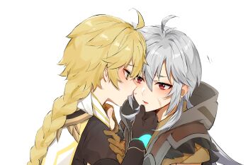 2boys absurdres aether_(genshin_impact) ahoge black_gloves blonde_hair blush braid braided_ponytail brown_gloves commentary_request earrings eye_contact genshin_impact gloves grey_hair hair_between_eyes hand_on_another&#039;s_chin highres hood hood_down imminent_kiss jewelry long_hair looking_at_another male_focus multiple_boys open_mouth razor_(genshin_impact) red_eyes scar scar_on_face sidelocks simple_background sweatdrop tutimaru0730 upper_body white_background yaoi yellow_eyes