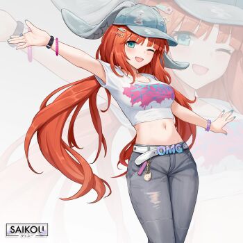 1girl ;d alternate_costume animal_ears arm_up baseball_cap belt blue_eyes blue_nails breasts cbmus clothes_writing commentary cosplay cowboy_shot crop_top denim ears_through_headwear fake_animal_ears genshin_impact grey_hat grey_pants hair_ornament hairclip hanni_(newjeans) hanni_(newjeans)_(cosplay) hat highres jeans k-pop long_hair looking_at_viewer low_twintails medium_breasts midriff nail_polish navel newjeans nilou_(genshin_impact) omg_(newjeans) one_eye_closed open_mouth outstretched_arms pants rabbit_ears red_hair second-party_source shirt short_sleeves smile solo standing stomach torn_clothes torn_pants twintails very_long_hair white_background white_shirt wristband y2k_fashion zoom_layer