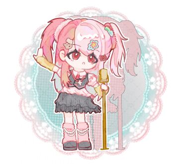 1girl absurdres arm_warmers bead_necklace beads black_shoes black_skirt black_vest blue_background border chibi chinese_commentary collared_shirt commentary_request drop_shadow eyelashes four-pointed_star frilled_shirt frilled_skirt frills fur_leg_warmers gyaru hair_ornament hair_scrunchie hairclip heart heart_hair_ornament highres holding holding_microphone_stand infinity_nikki jewelry lace_background leg_warmers loafers long_hair looking_ahead lovers1128 microphone microphone_stand miniskirt multicolored_hair music necklace nikki_(series) open_mouth outline outstretched_arms parallel_hairclips pink_eyes pink_hair pink_leg_warmers pink_scrunchie pink_shirt plaid_clothes plaid_skirt puffy_short_sleeves puffy_sleeves rainbow_hair_ornament rosie_sweetheart_(infinity_nikki) round_border scrunchie shirt shoes short_sleeves singing skirt solo split-color_hair standing star_(symbol) star_hair_ornament star_necklace two_side_up unmoving_pattern very_long_hair vest white_border white_outline x_hair_ornament y2k_fashion yellow_arm_warmers