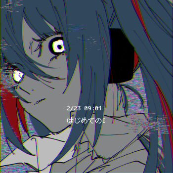 1girl blue_hair collared_shirt commentary_request dated eyelashes glitch hair_between_eyes hatsune_miku highres long_hair looking_at_viewer nekoma_hikaru parted_lips portrait shirt solo translation_request twintails vocaloid