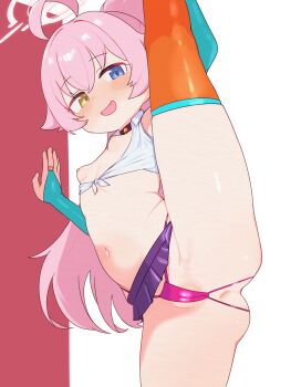 1girl absurdres ahoge anus aqua_gloves backless_panties blue_archive blush breasts breasts_out cameltoe fang fingerless_gloves flexible gloves gyaru halo heterochromia highres hoshino_(blue_archive) kogal leg_lift leg_up lk149 loli long_hair looking_at_viewer microskirt nipples open_mouth orange_thighhighs panties pink_hair simple_background skirt small_breasts smile solo split standing standing_on_one_leg standing_split string_panties thighhighs underwear very_long_hair white_background yellow_eyes