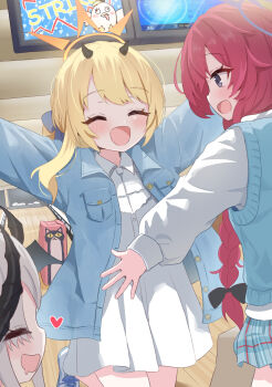 3girls ^_^ aqua_skirt aqua_sweater_vest black_bow blonde_hair blue_archive blush bow bowling_alley casual closed_eyes collared_dress commentary_request demon_horns denim denim_jacket dress drooling grey_hair hair_bow halo heart highres horns ibuki_(blue_archive) indoors iroha_(blue_archive) jacket long_braid makoto_(blue_archive) mikumiku37 mouth_drool multiple_girls open_clothes open_jacket outstretched_arms peroro_(blue_archive) plaid_clothes plaid_skirt red_hair shoes skirt slice_of_life smile sweater_vest white_dress white_shoes