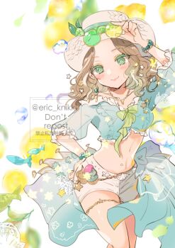 1girl adjusting_eyewear bow brown_hair cowboy_shot crop_top demi_bourbon demi_bourbon_(sea_salt_mocktail) earrings eric_knikki eyeshadow eyewear_on_headwear gold_necklace green_bow green_eyes hat head_tilt identity_v jewelry looking_at_viewer makeup middle_part mole mole_under_mouth navel necklace official_alternate_costume pink_lips see-through_clothes short_shorts shorts straw_hat sunglasses twitter_username watermark wavy_hair white_hat white_shorts white_streaks yellow_eyeshadow