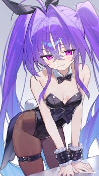 1girl ahoge bare_shoulders black_bow black_bowtie black_leotard black_pantyhose bow bowtie breasts closed_mouth collarbone commentary_request detached_collar frilled_wrist_cuffs frills funa_(sakana) hair_between_eyes hair_intakes highres hunae_(funa_(sakana)) leaning_forward leotard long_hair medium_breasts original pantyhose playboy_bunny purple_eyes purple_hair rabbit_tail sidelocks solo strapless strapless_leotard tail tailcoat_playboy_bunny thigh_strap twintails twitter_username very_long_hair wrist_cuffs
