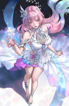 1girl aqua_hair bare_shoulders breasts crystal_flower cyrene_(honkai:_star_rail) cyrene_(ripples_of_past_reverie)_(honkai:_star_rail) dress flower hair_flower hair_ornament high_heels highres honkai:_star_rail honkai_(series) large_breasts long_hair pink_hair pointy_ears purple_eyes serafleur solo very_long_hair white_dress